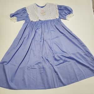 Vintage Handmade Girls Dress Blue Purple Periwinkle Bib Collar Lace Cuffs